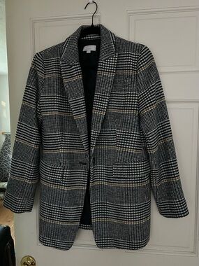 LOFT Black and White Plaid Peacoat with Tan Accents
